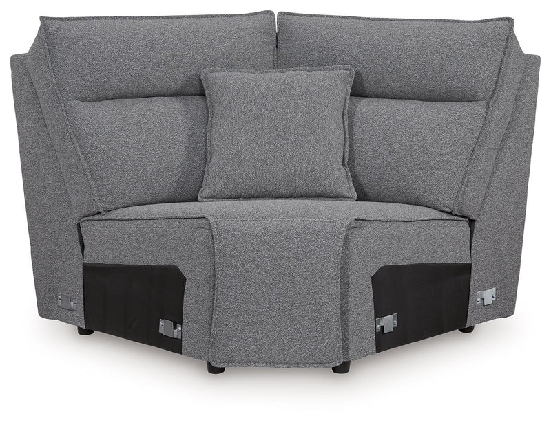 Signature Design by Ashley Modmax II reclining sectional in salt and pepper fabric, showing the sectional’s plush cushions and reclining feature.
