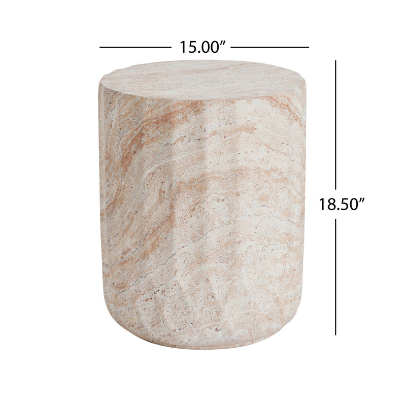 Outdoor / Indoor Lightweight Concrete Side Table, Cylinder Travertine Finish Accent Table - Beige - R&R Furniture Gallery (Fountain Valley, CA)