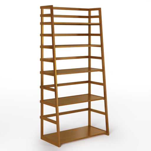 Simpli-Home Acadian handcrafted ladder shelf bookcase with multiple open shelves for storage and display.
