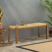 Angie outdoor bench by Noble House with acacia wood frame and faux rattan seating, featuring a teak finish.