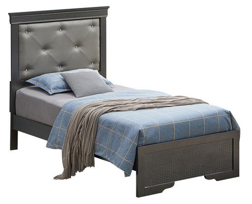 Upholstered bed named Lorana by Glory Furniture, featuring a padded headboard and stylish fabric upholstery in a modern bedroom setting.