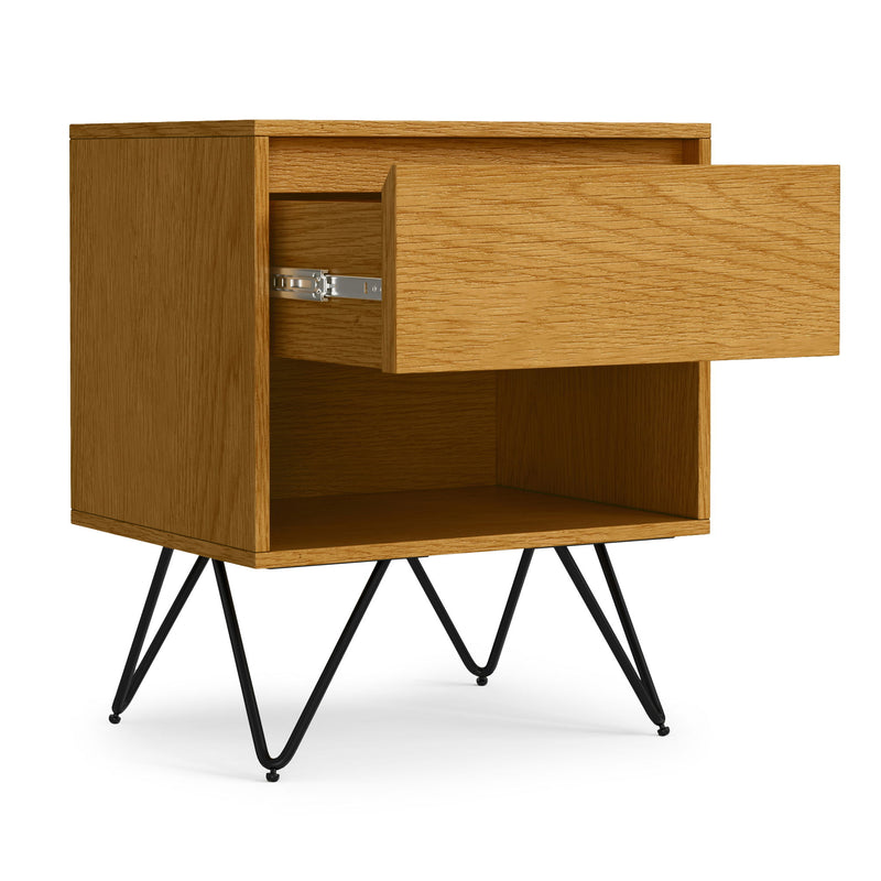 Simple white Hunter Accent Nightstand by Simpli-Home with a drawer and open shelf, placed beside a bed in a cozy bedroom setting.