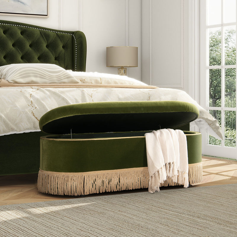 Melinda - Oval Tufted Bullion Fringe Storage Bench - R&R Furniture Gallery (Fountain Valley, CA)