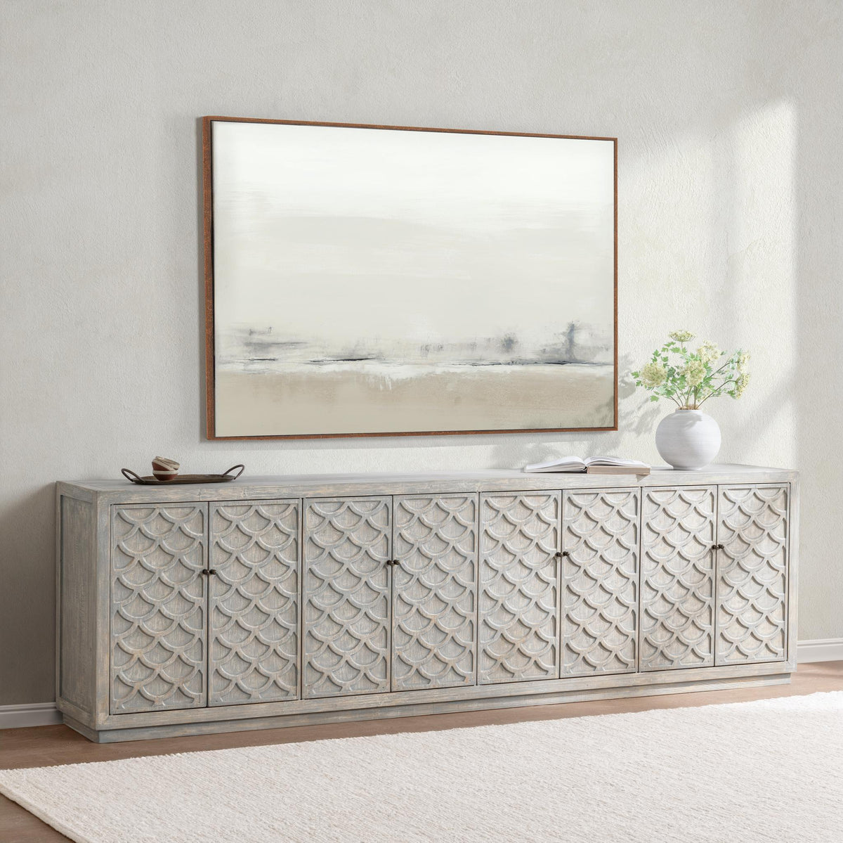 Blue washed Malibu 8-door cabinet buffet by Classic Home with a rustic wooden finish and spacious storage compartments.