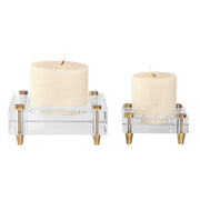Set of two beige crystal block candleholders by Uttermost, featuring modern clear glass design for elegant candle display.