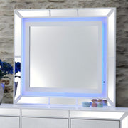 White Hollywood Hills mirror by Glory Furniture, modern rectangular wall mirror with sleek white frame.