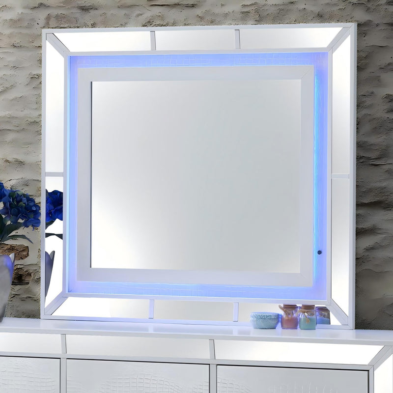 White Hollywood Hills mirror by Glory Furniture, modern rectangular wall mirror with sleek white frame.