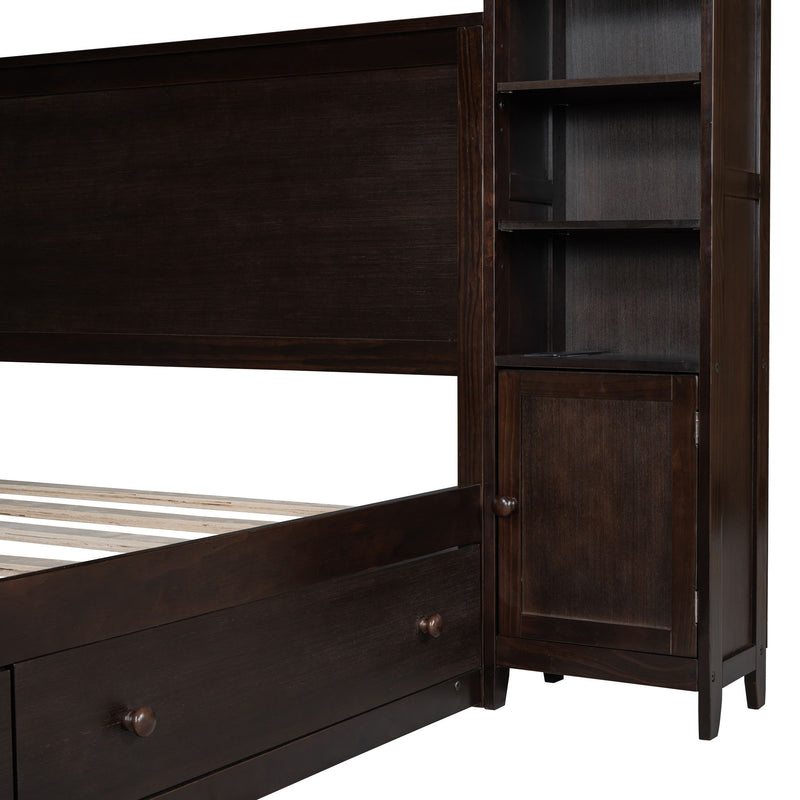 DreamHaus cabinet bed with integrated shelves, storage cabinet, and built-in sockets, showcasing a modern multi-functional bedroom furniture piece.