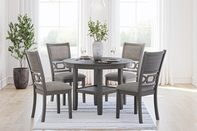 Gray Wrenning 5-piece dining room table set by Signature Design Ashley with a rectangular table and matching chairs.