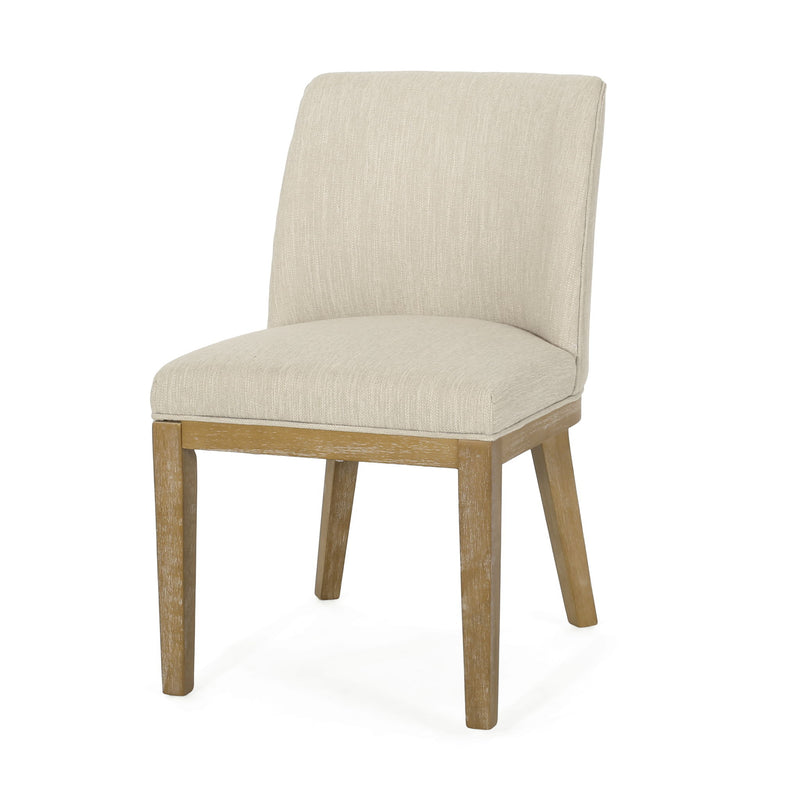 Set of two Noble House modern dining chairs with durable fabric upholstery and sturdy wooden frames, shown in a stylish dining room setting.