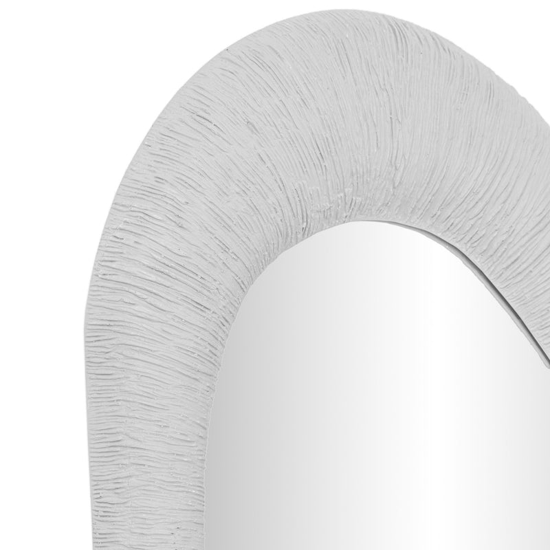 TOV Furniture Orpheus 20"x59" ribbed faux stone floor mirror with a modern design, standing tall on a sleek base.