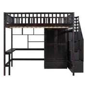 DreamHaus loft bed with integrated bookshelf, drawers, desk, and wardrobe, showcasing a functional multi-purpose bedroom furniture piece.