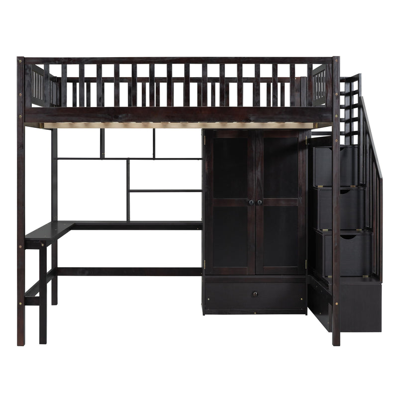 DreamHaus loft bed with integrated bookshelf, drawers, desk, and wardrobe, showcasing a functional multi-purpose bedroom furniture piece.