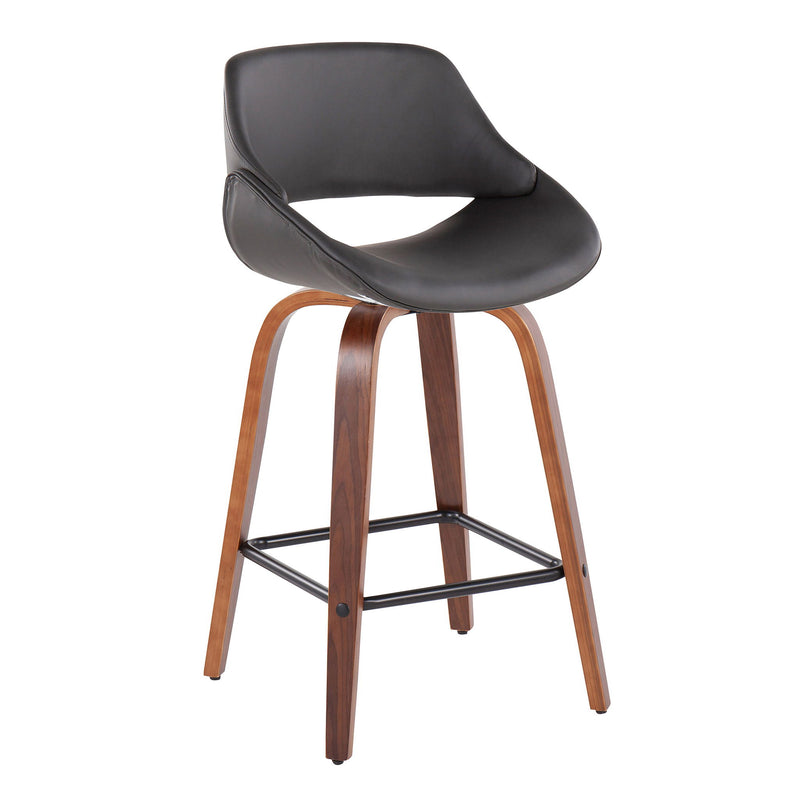 Set of two Lumi Source Fabrico mid-century modern counter stools with wooden legs and upholstered seats.