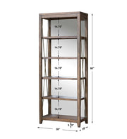 Uttermost Delancey weathered oak etagere in dark brown with multiple shelves and a rustic, weathered finish.