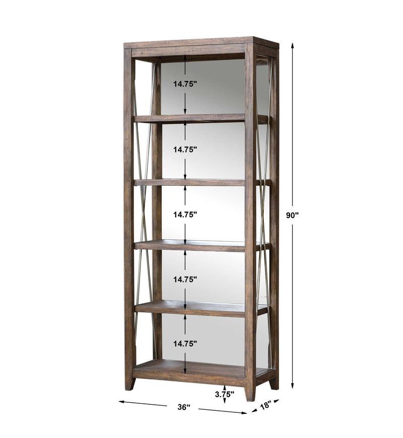 Uttermost Delancey weathered oak etagere in dark brown with multiple shelves and a rustic, weathered finish.