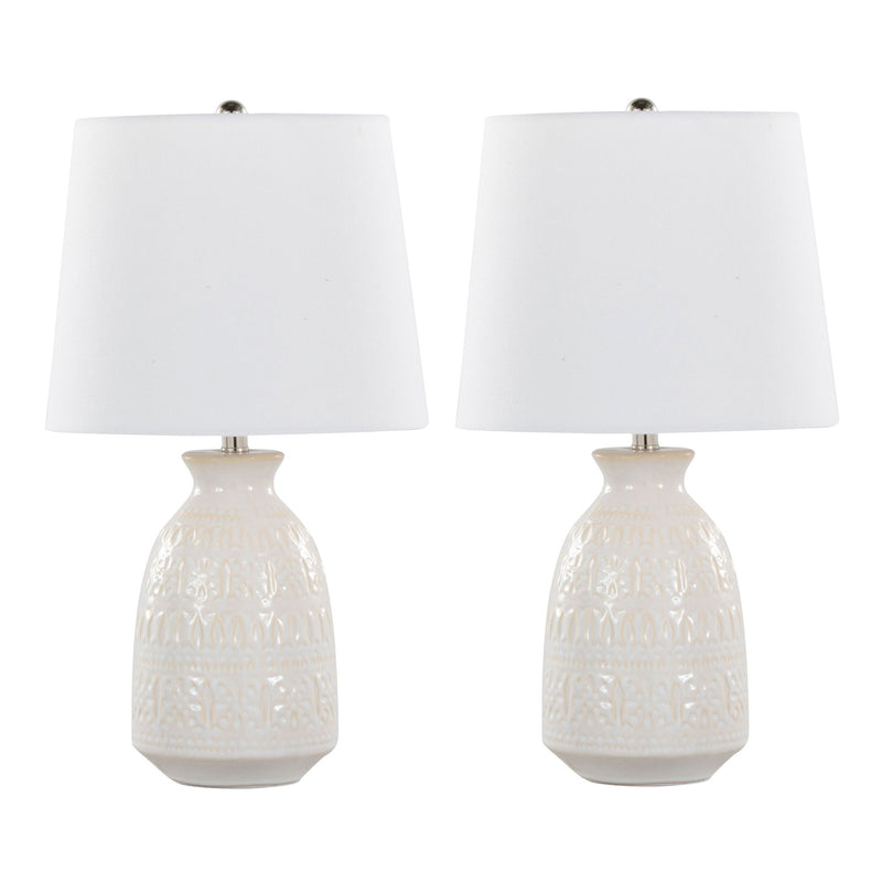 Lumi Source Claudia contemporary lamp set of 2 with sleek modern design and neutral-colored shades on a minimalist table.