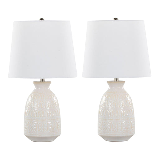 Lumi Source Claudia contemporary lamp set of 2 with sleek modern design and neutral-colored shades on a minimalist table.