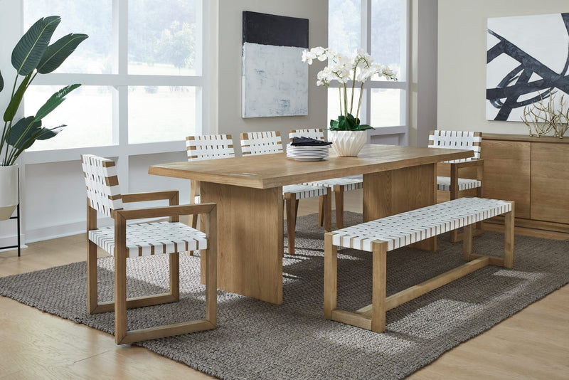 One Woven Leather and Solid Wood Dining Side Chair in White and Bisque
