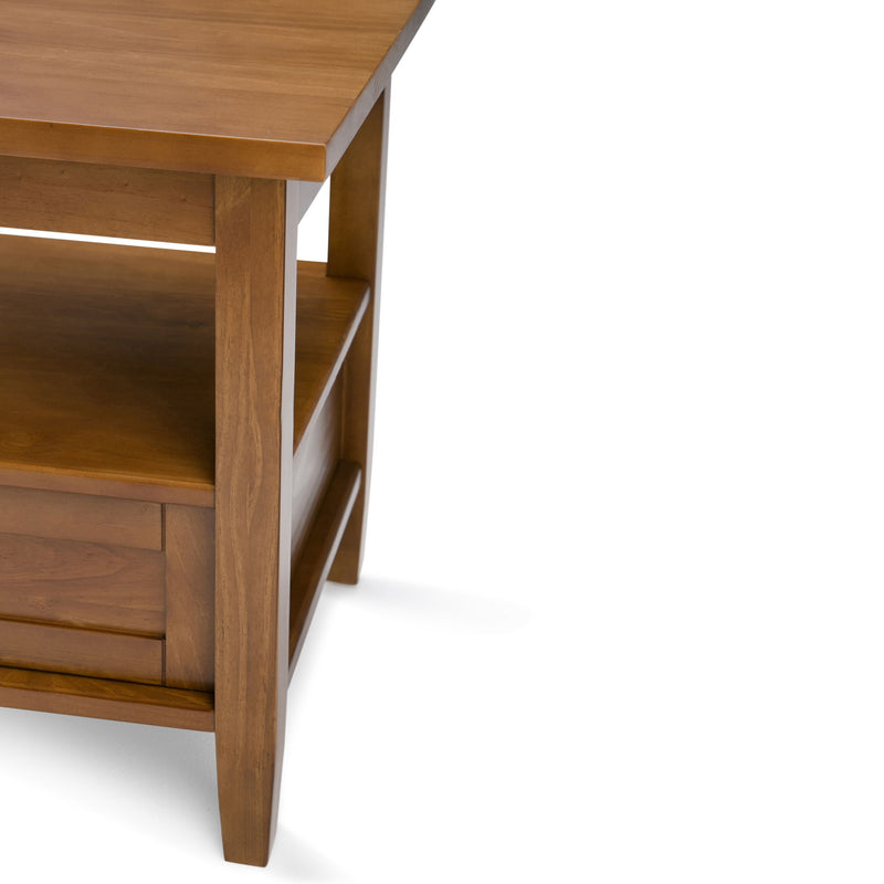 Handcrafted Warm Shaker coffee table by Simpli-Home with a wooden finish and sturdy design, shown in a living room setting.