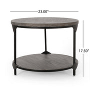 Gray coffee table with a wood-patterned tabletop and black iron frame, from Noble House, showcasing its modern design.