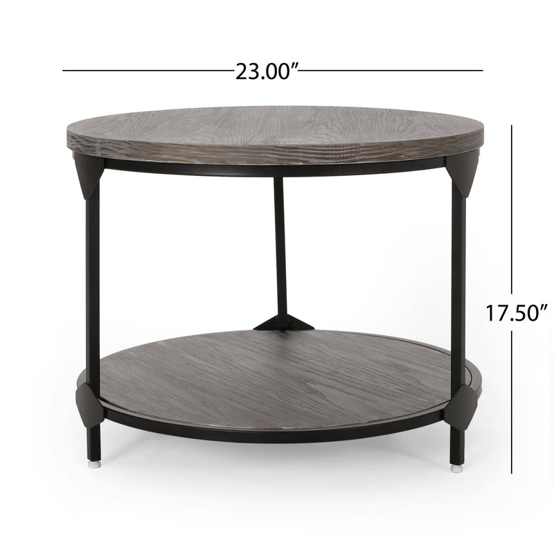 Gray coffee table with a wood-patterned tabletop and black iron frame, from Noble House, showcasing its modern design.