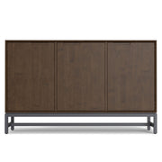 Simpli-Home Banting solid wood sideboard with metal frame, modern industrial dining room storage, featuring drawers and cabinets.