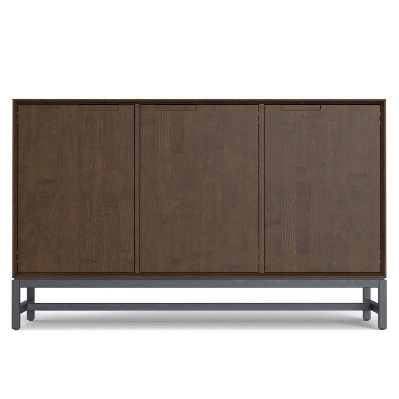 Simpli-Home Banting solid wood sideboard with metal frame, modern industrial dining room storage, featuring drawers and cabinets.