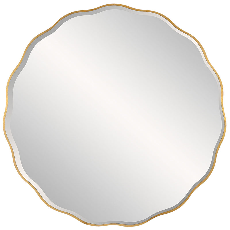 Uttermost Aneta round wall mirror with a sleek frame hanging on a wall, showcasing modern home decor style.