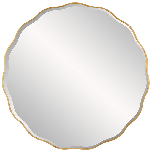 Uttermost Aneta round wall mirror with a sleek frame hanging on a wall, showcasing modern home decor style.