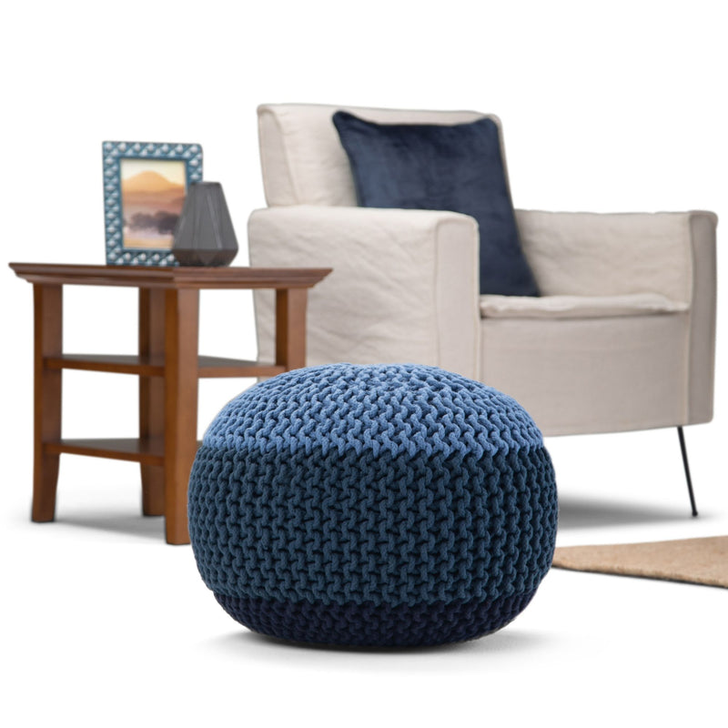 Handcrafted Nikki round accent pouf by Simpli-Home featuring hand-knit textured fabric in neutral tones.