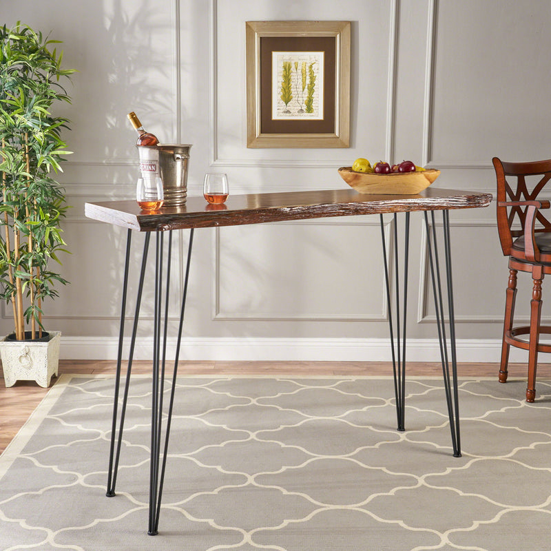 Modern industrial Noble House breakfast bar table with wood veneer top and metal hairpin legs, natural finish.