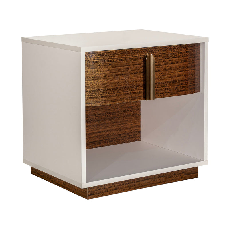Michael Amini Pavira accent nightstand with a sleek wooden finish and modern design, featuring a single drawer and smooth surface.