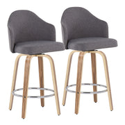 Set of two Lumi Source Ahoy gray mid-century modern counter stools with zebra legs and round chrome footrests.