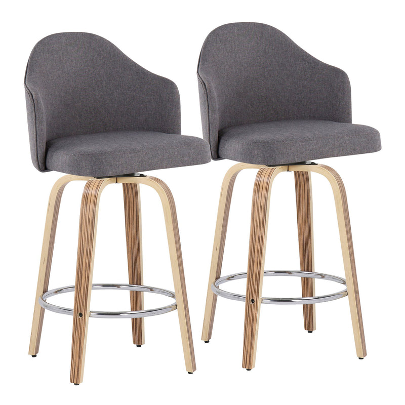 Set of two Lumi Source Ahoy gray mid-century modern counter stools with zebra legs and round chrome footrests.