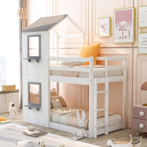 DreamHaus wooden bunk bed with roof, window, guardrail, and ladder, showcasing a sturdy, multi-functional kids' bedroom furniture.