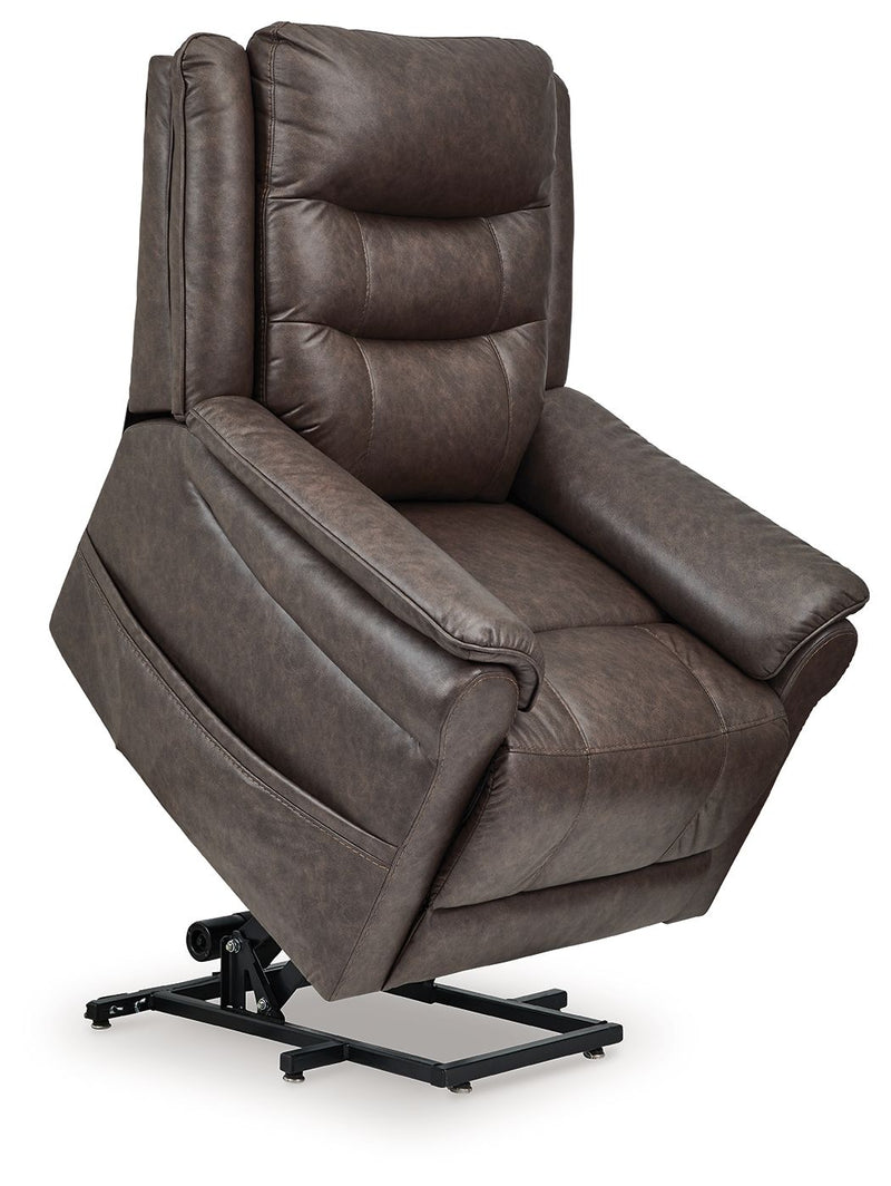 Signature Design by Ashley Oatman power lift recliner in plush fabric, showcasing its comfortable, adjustable lift chair features.