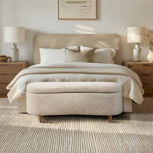 JLA Bailey flip top taupe storage bench with cushioned seat and wooden legs, ideal for entryways or living rooms.