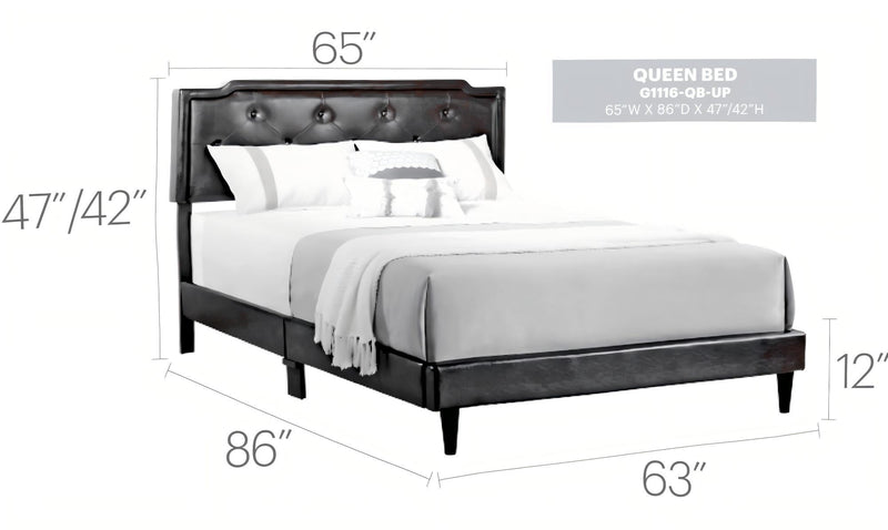 Button tufted upholstered bed by Glory Furniture, showcasing a cozy, elegant design with plush fabric and tufted headboard.