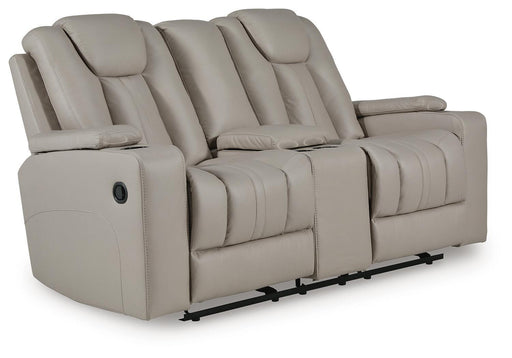 Signature Design by Ashley Glide Reclining Loveseat with console, plush fabric, and metal accents in coin color, featuring elevated edges.