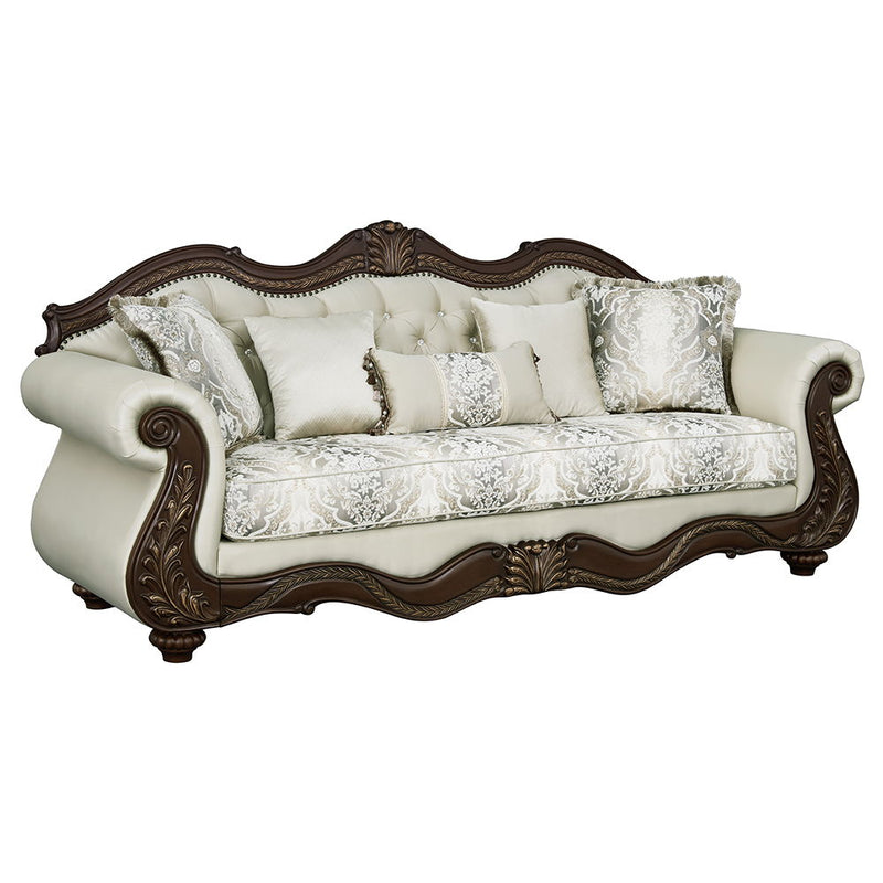 Pierce - Sofa With 5 Pillows - Beige Fabric & Cherry - R&R Furniture Gallery (Fountain Valley, CA)