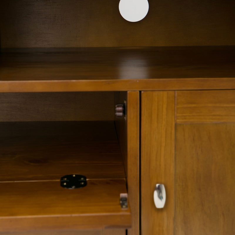 Handcrafted Warm Shaker TV media stand by Simpli-Home with wood finish, featuring open shelves and storage compartments.