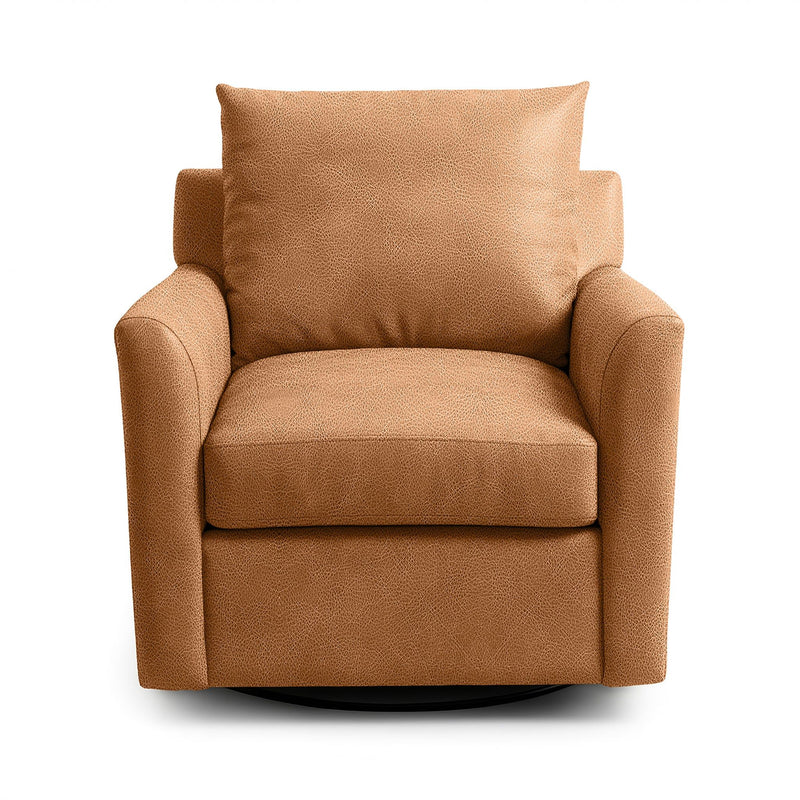 Classic Home Olivia swivel chair with a rounded backrest, plush upholstery, and wooden swivel base, perfect for modern living rooms.