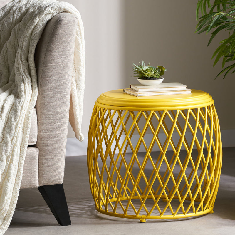 Noble House Alamera side table with a sleek wooden top and metal frame, ideal for living room or bedroom decor.