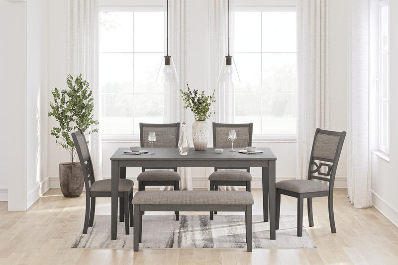 Gray Wrenning six-piece dining room table set by Signature Design Ashley, featuring a sturdy table and matching chairs.