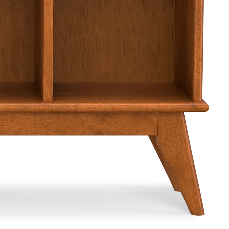 Simpli-Home Draper handcrafted low cube bookcase with multiple storage compartments for organization and display.