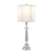 Pair of Lumi Source Karat contemporary crystal table lamps with clear crystal, chrome accents, and white softback shades.