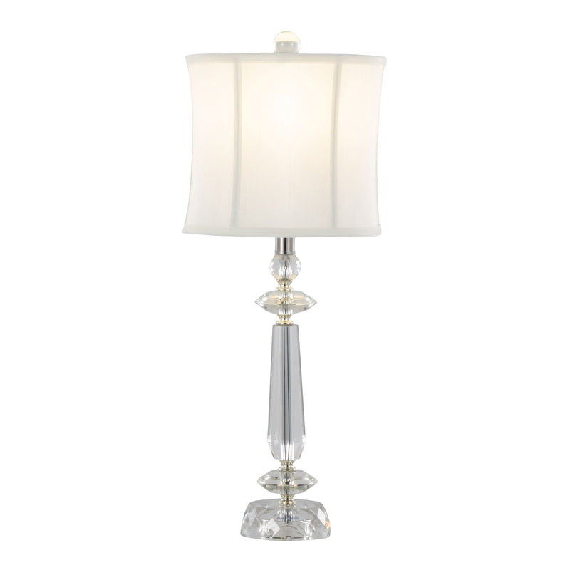 Pair of Lumi Source Karat contemporary crystal table lamps with clear crystal, chrome accents, and white softback shades.