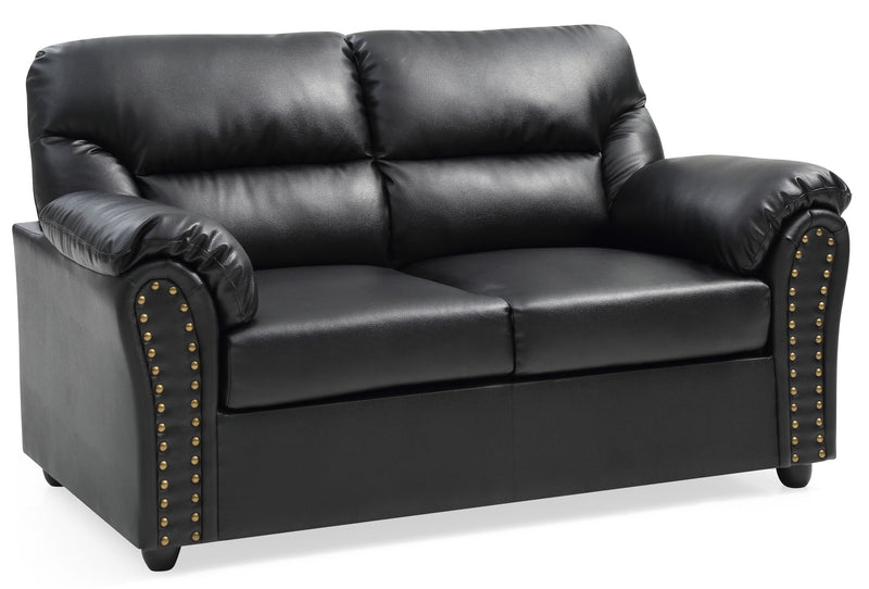 Black padded reclining loveseat by Glory Furniture, modern design with plush cushions, perfect for contemporary living rooms.