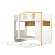 Dreamland bunk bed with house-shaped guardrails, storage shelves, and trundle for kids' bedroom.
